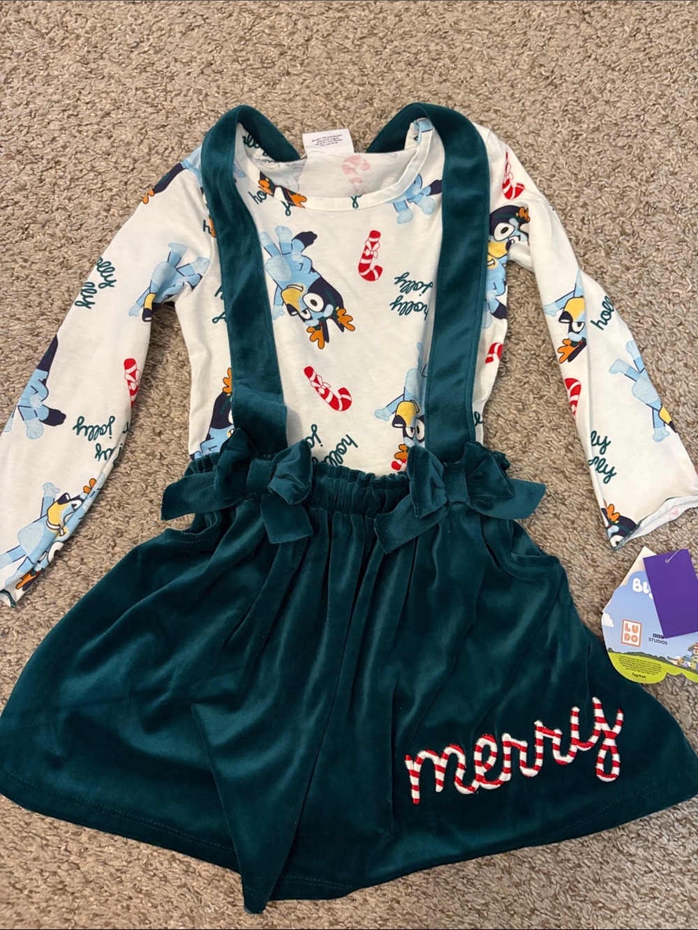 Bluey Holiday 'Merry' Velvet Suspender Skirt with Bluey Print Top - Teal